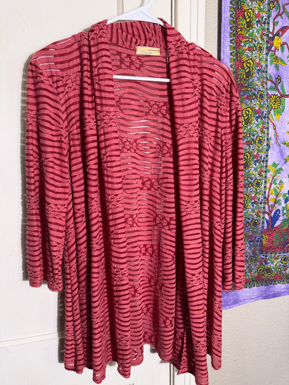 Choices Red Burnout Stripe Open Front Cardigan Long Boho Artsy - Large
